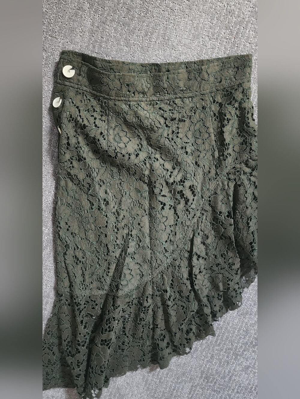 Zara Olive Green Lace Asymmetrical Midi Skirt